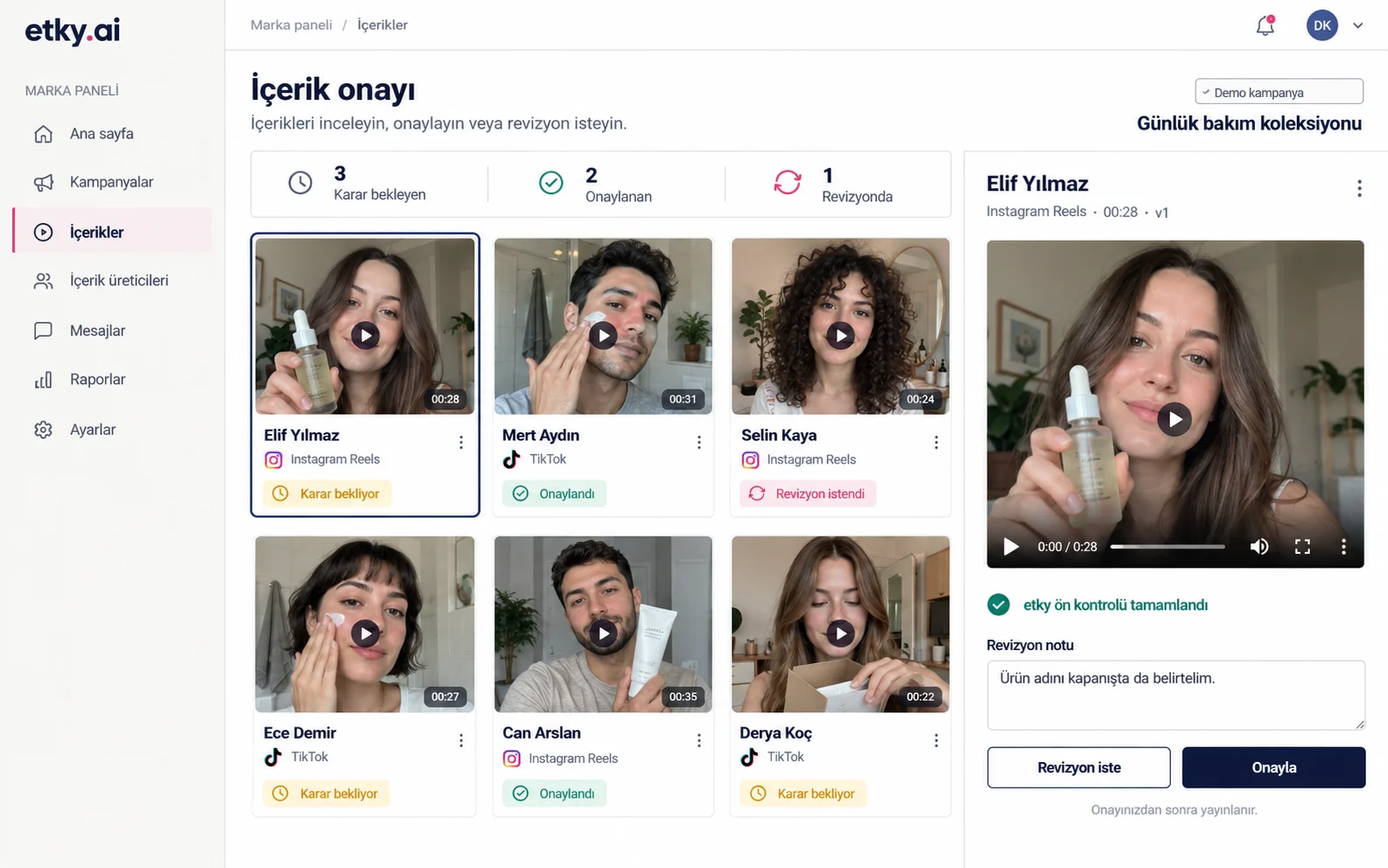 etky.ai içerik onayı paneli: creator videoları, onay ve revizyon durumları
